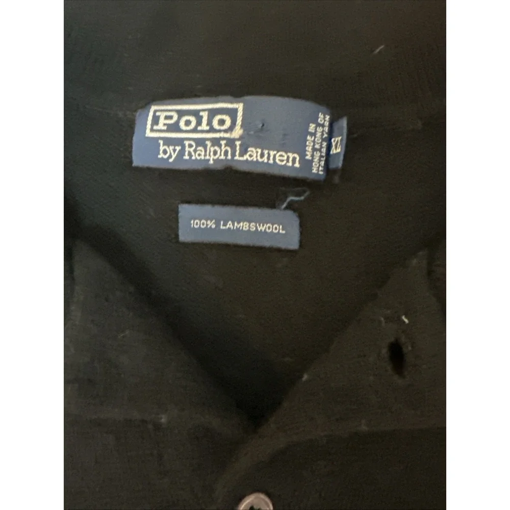 Polo Ralph Lauren Mens XL Black 100% Lambswool Knit Polo Sweater Pony Logo Flaw